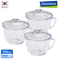 【Glasslock】強化玻璃可微波泡麵碗900ml-三入組(附蓋麵碗/微波碗/玻璃碗)