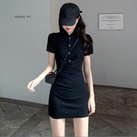 新款黑色polo領連衣裙女夏收腰顯瘦修身性感包臀氣質t恤裙子