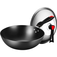 COOKER KING《No Coating》Cast Iron Wok Carbon Steel Wok Anti Rust With Lid Suit For GasInductionElectric Stove