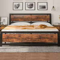 King size industrial style design with wooden platform bed, metal frame bed, bedroom double bed, single bed, adults or teenagers