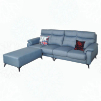 【綠活居】底特律 現代淺藍透氣皮革Ｌ型獨立筒沙發組合(四人座＋椅凳)