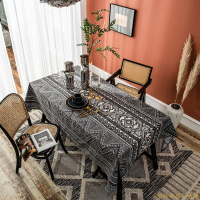 美式現代工業風長方形桌巾布棉麻波西米亞風幾何線條黑灰色防水防油印第安異域風輕奢茶幾桌布家居裝飾
