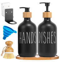 1set Black Dish Soap Dispenser Bamboo Kitchen Hands Soap Dishes Detergent Storage Bottle Refillable Soap Printing Container