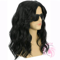 Wig Pria Rambut Panjang Keriting Belah Tengah Warna Hitam Pasti Ori