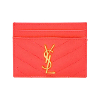 【YSL】MONOGRAM系列V字縫線魚子醬牛皮金屬LOGO萬用票卡/證件名片夾(蜜桃粉370775-BOW01-2275)