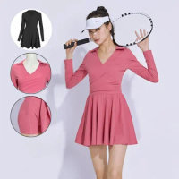 Women One Piece Tennis Dress Ladies Retro V-neck Sport Dress Girl Long Sleeve Yoga Workout Skort with Short Badminton Golf Skirt