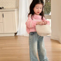 Girls Denim Pants 2024 Spring New Fashion Vintage Patchwork Raw Edge Straight Leg Pants Washed Casual Simple Wide-leg Jeans