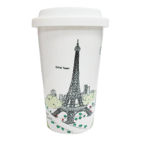 Bella House 雙層隔熱陶瓷杯330ml 巴黎鐵塔 (1入) 馬克杯 隔熱杯 骨瓷杯 隨手杯 雙層杯 咖啡杯 矽膠隔熱杯套 食品級矽膠