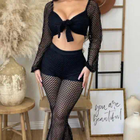 LFRVZ 2022 New Special Young Sexy Beach Set Solid See Through Lace Bandage Full Sleeve + Long Wide Leg Pants Women 2 Piece Set