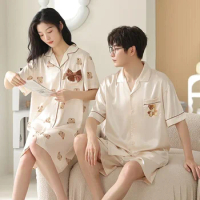2023 Summer Couple Short Sleeve Silk Satin Pajama Sets for Men Korean Cute Cartoon Sleepwear Women Night Dress Homewear Clothes