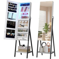 3 LEDs Jewelry Cabinet, 42.5" Jewelry Mirror with Full Lenght Mirror, Standing Jewelry Mirror Armoire, with Stor