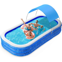 Large Inflatable Swimming Pool with Canopy, 150” x 70” x 20” Full-Sized Inflatable Poolm, Age 3+, Kiddie Pool with Sun Shade