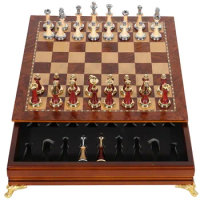 Deluxe Classic Chess Set Wooden Chessboard Metal Imitation Jade Chess Pieces