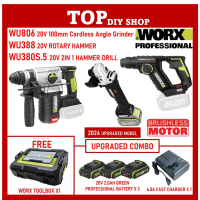 WORX 2.0AH Battery Pack WU388 20V Brushless Cordless Rotary Hammer + WU806 Cordless Angle Grinder+ W