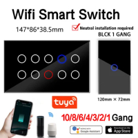 Tuya 1-10Gang Wifi Smart Touch Light Wall Switch Glass Panel Compatible with Alexa Google Home