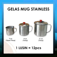 1 Lusin Gelas Mug Stainless Gelas Cangkir Kopi + Tutup Teh Mug Rumah Murah Steel Kitchenware