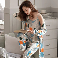 Fashion Pajamas Set Women Sexy Pajamas Sleepwear For Women Sleeveless Strap Nightwear Pant Long Pajama 3pcs