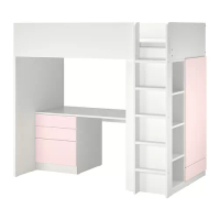 SMÅSTAD 高腳床, 白色 淺粉紅色/附桌子 附四個抽屜, 90x200 公分