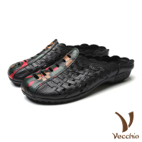 【Vecchio】真皮拖鞋 包頭拖鞋/真皮復古編織民族風印花拼接包頭拖鞋(黑)