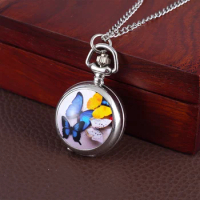 Silver butterfly pattern pocket watch Ceramic chip quartz pocket watch Small necklace pocket watch