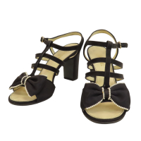 【二手名牌BRAND OFF】CHANEL 香奈兒 黑色 絨布 珍珠 蝴蝶結 高跟 涼鞋 #38.5