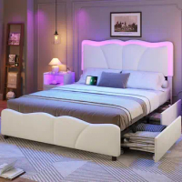 Queen Bed Frame with Drawers Velvet Upholstered Platform Bed with LED Lights，Modern White Velvet Bed Frame