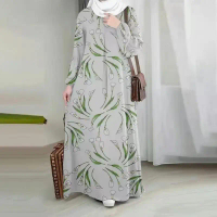 COQUETTE Pakaian Elegan Wanita Muslim Jubah Lengan Panjang Leher Bulat Fabrik Selesa Percetakan Cora