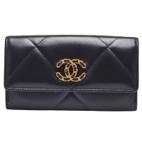 CHANEL 19系列經典金屬雙C LOGO菱格紋小羊皮暗釦中夾(黑)