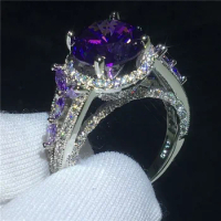 Luxury Lab Amethyst Flower Ring 925 Sterling Silver Anniversary Wedding Band Rings for Women Finger Jewelry