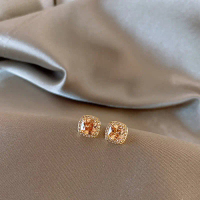 2025 New Champagne Color Small Sugar Cube Crystal Earrings Niche Light Luxury High-end Elegant Earri