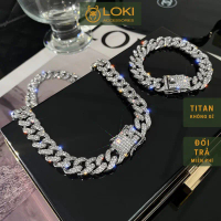 Dây chuyền nam vòng cổ đính đá lắc tay nam nữ unisex Cuban đá Loki hiphop đính đá lấp lánh titan khô