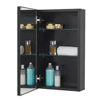 Black Aluminum Bathroom Wall Cabinet with Mirror Adjustable Glass Shelves Soft Close Hinge 14 x 24 inches Reversible Opening