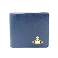 [盒損福利品] Vivienne Westwood 時尚素面金色土星4卡對開皮夾短夾零錢袋 海軍藍色