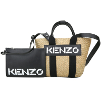 KENZO Raffia 小款 字母標誌拉菲草編織手提/斜背包(附萬用袋/黑色)