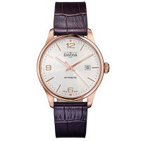 DAVOSA Gentlemen 現代經典紳士系列18K金色腕錶-白面/酒紅皮帶/40mm