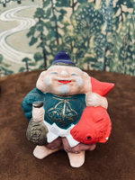 日本回流陶胎惠比壽置物擺飾，粗陶手作手繪，七福神擺飾