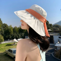 Korean New Basin Hat Big Brim Sunscreen Anti-UV Sun Hat Women's Color Contrast Temperament Bow Women's Sun Hat