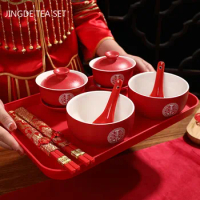 Chinese Wedding Teaware Supplies Exquisite Ceramics Gaiwan Teacup Handmade Tea Maker Double Happiness Bowl High-end Tea Set