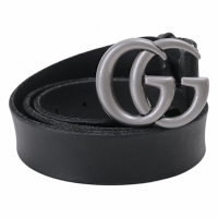 GUCCI-仿舊銀雙G LOGO 牛皮革男版皮帶(黑)90cm