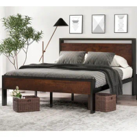 SHA CERLIN 14 Inch Queen Size Metal Platform Bed Frame with Wooden Headboard and Footboard, Mattress Foundation, No Box Spring N