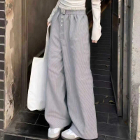 Bow Embroidered Stripe Casual Walking Wide Leg Pants for Women 2025 Summer New Thin High Waist Strai