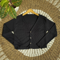 Cardigan V Crop Kancing Kriwil Lengan Panjang Korean Style Rib Premium - Ruffle, Baju Outer Wanita