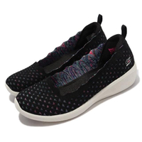【SKECHERS】休閒鞋 Arya-Comfy Elegance 女鞋 楔形低跟娃娃鞋 增高 泡棉鞋墊 黑 彩(104112-BKMT)