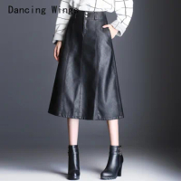Autumn Winter Black A-Line PU Leather Skirt For Women High Waist 4XL Keen Length Skirts