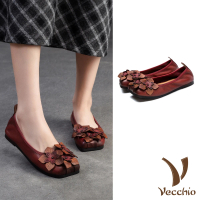 【Vecchio】真皮便鞋 方頭便鞋/全真皮頭層牛皮手工立體花朵寬楦方頭舒適便鞋(紅)