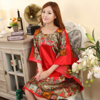 Hot Sale Women Faux Silk Sleepwear Nightgown Lady Rayon Robe Bathrobe Home Dress Vintage Kaftan Gown Nightshirt