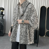 豹紋冰絲短袖襯衫男夏季潮牌薄款襯衣外套高級設計感小眾男裝寸衫
