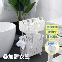 【AOTTO】日式可疊雙層附輪髒衣籃(洗衣籃 置物籃)
