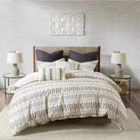 Luxurious Cotton-Bedding Set - Mid Century Trendy Geometric Design, All Season Cozy-Cover With Matching-Shams, Rhea Jacquard