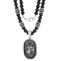Punk Fashion Stainless Steel Wolf Dog Tag Pendant Necklace Black Ball Bead Chain Agate Link For Mens 8mm 27.6inch